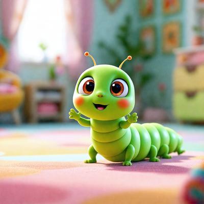 The primary subject of the image is a green cartoon character, possibly a caterpillar or a similar insect, standing on a colorful carpet. The setting is a room with a bed and a chair, creating a cozy and playful atmosphere. The visual style is a combination of photo and digital art, giving the image a unique and creative appearance. The colors and mood are vibrant and cheerful, with the green character being the main focus of the scene.
